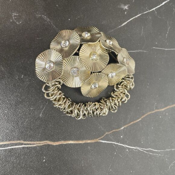 Vintage Gold Tone Flower Rhinestone Cluster Elastic Bracelet Size 7" - Picture 5 of 9